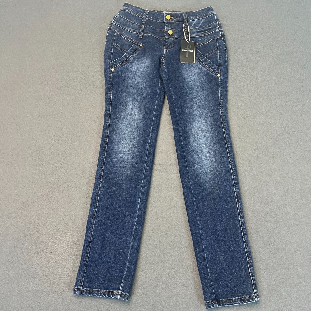 Flamingals Women's Sm 27x31L Jeans Straight Leg Layered Waist Mid Rise Faded NWT